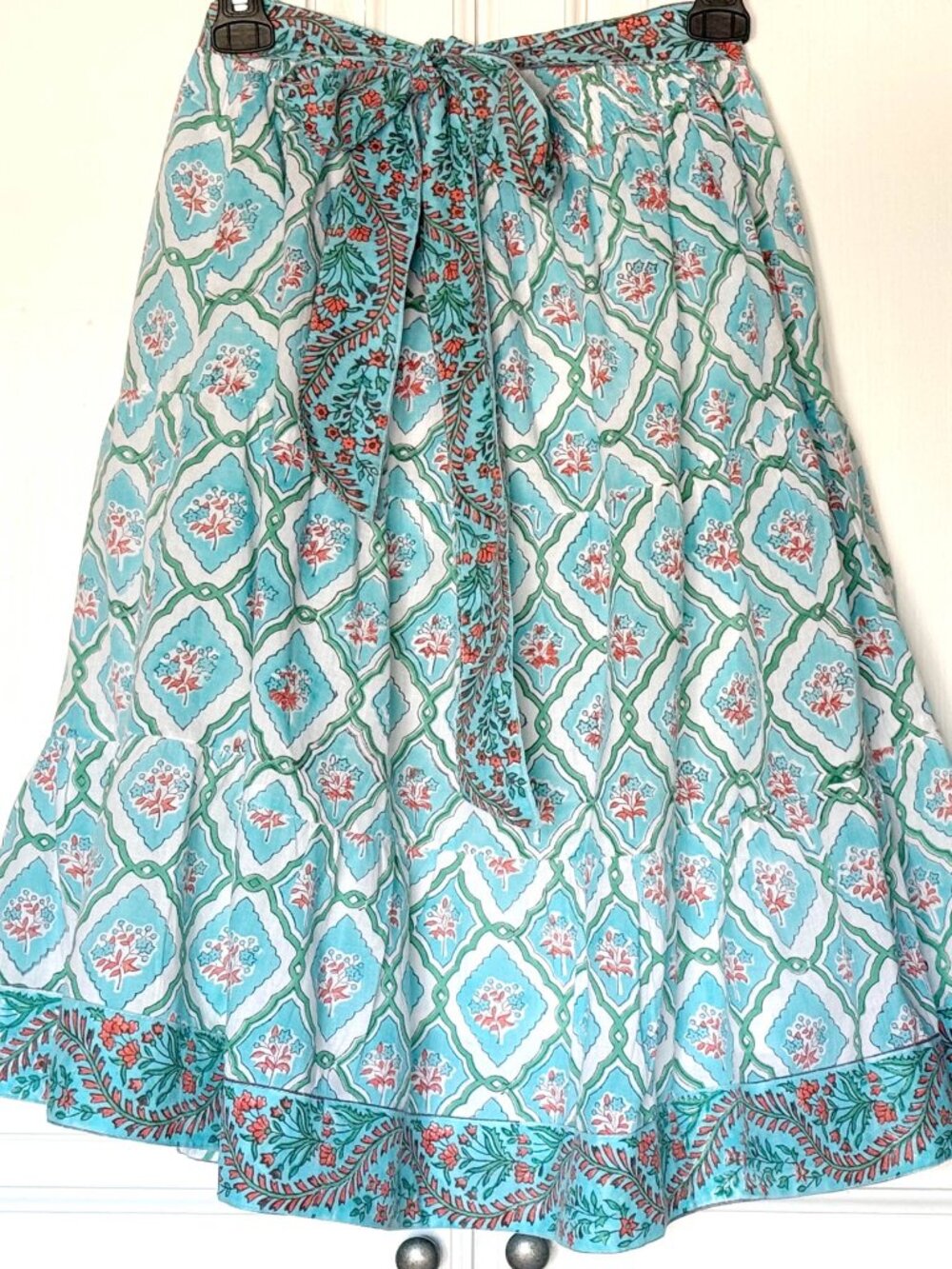 Victoria Dunn Printed Midi Skirt in Aqua with Coral Accents XS/S